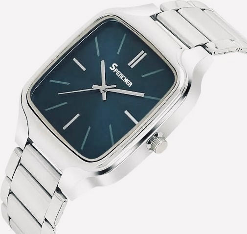 Spencher Men’s Modern Square Analog Watch – Silver Stainless Steel Chain with Teal Blue Dial