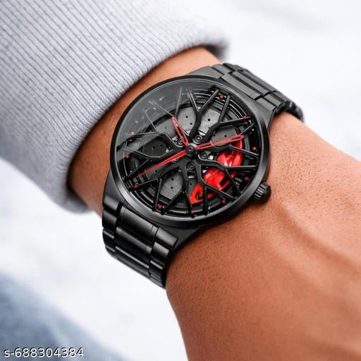 Luxury 3D Car Wheel Rim Watch for Men - Black Stainless Steel Sports Watch with Red Brake Caliper Design