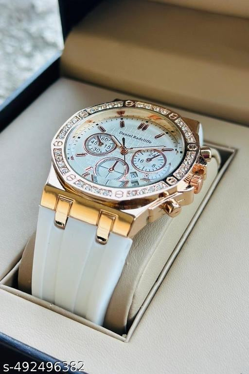 Daniel Radcliffe Luxury Rose Gold Watch - White Silicone Strap & Crystal Studded Bezel