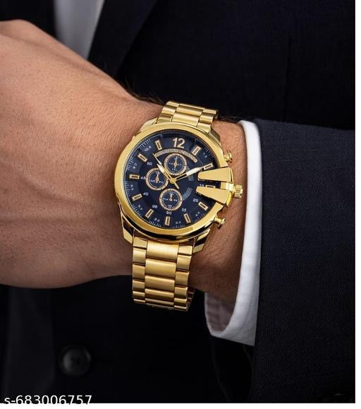 Men's Bold Gold-Tone Stainless Steel Watch with Navy Blue Dial & Oversized Industrial Design