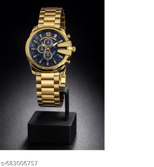 Men's Bold Gold-Tone Stainless Steel Watch with Navy Blue Dial & Oversized Industrial Design