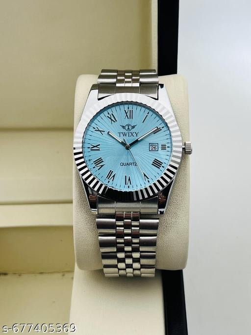 Twixy Men's Quartz Watch – Ice Blue Sunray Dial with Fluted Bezel and Stainless Steel Jubilee Bracelet
