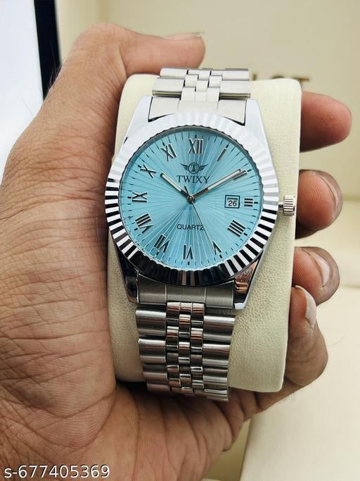 Twixy Men's Quartz Watch – Ice Blue Sunray Dial with Fluted Bezel and Stainless Steel Jubilee Bracelet