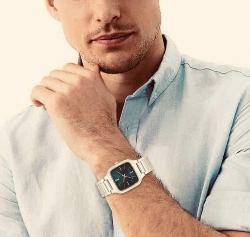 Spencher Men’s Modern Square Analog Watch – Silver Stainless Steel Chain with Teal Blue Dial