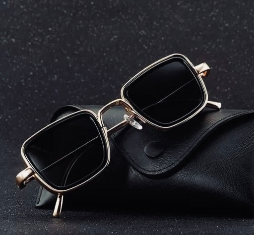 Retro Geometric Square Sunglasses – Gold Metal Frame with Steampunk Side Shield Design & Dark Lenses