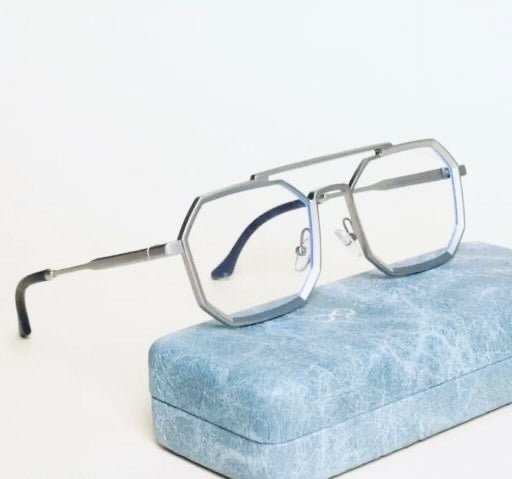 Unisex Silver Octagonal Blue Cut Computer Glasses – Retro Geometric Double-Bridge Metal Frame with UV Protection & Anti-Glare Lenses