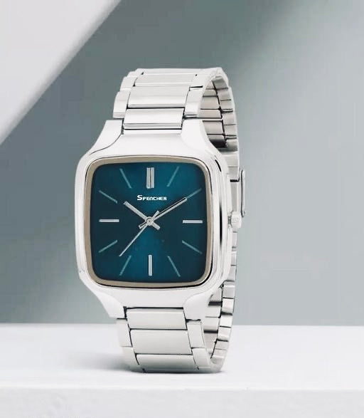 Spencher Men’s Modern Square Analog Watch – Silver Stainless Steel Chain with Teal Blue Dial