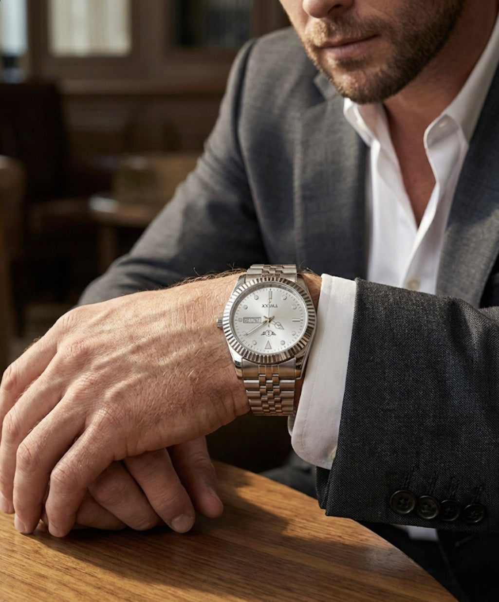 TWIXY Men’s Premium Silver Stainless Steel Analog Watch – Classic Day & Date Display with Fluted Bezel & Jubilee Strap