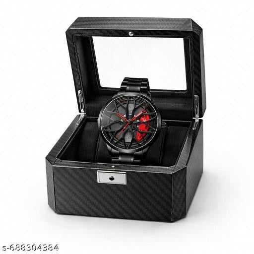 Luxury 3D Car Wheel Rim Watch for Men - Black Stainless Steel Sports Watch with Red Brake Caliper Design