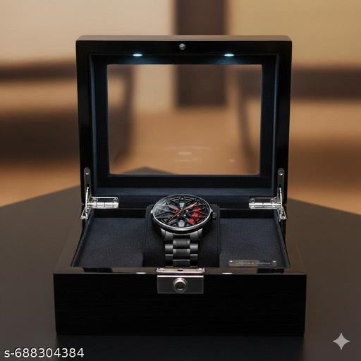 Luxury 3D Car Wheel Rim Watch for Men - Black Stainless Steel Sports Watch with Red Brake Caliper Design