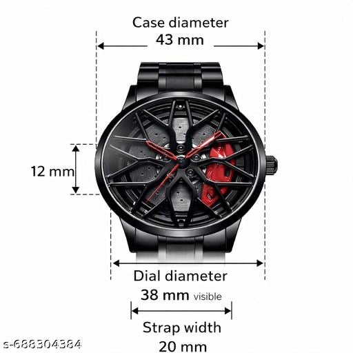 Luxury 3D Car Wheel Rim Watch for Men - Black Stainless Steel Sports Watch with Red Brake Caliper Design