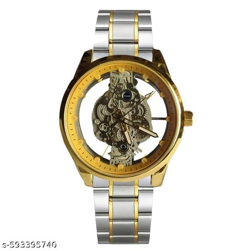 Premium Men's Luxury Two-Tone Gold & Silver Skeleton Watch - Transparent Analog Dial