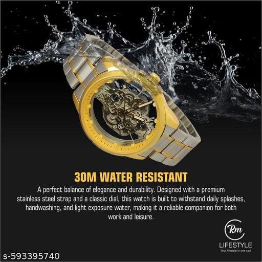 Premium Men's Luxury Two-Tone Gold & Silver Skeleton Watch - Transparent Analog Dial