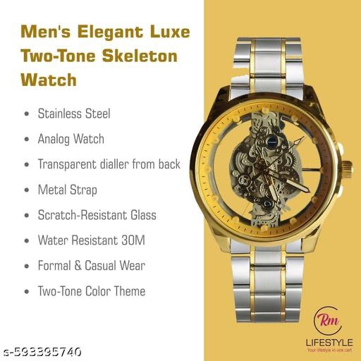 Premium Men's Luxury Two-Tone Gold & Silver Skeleton Watch - Transparent Analog Dial