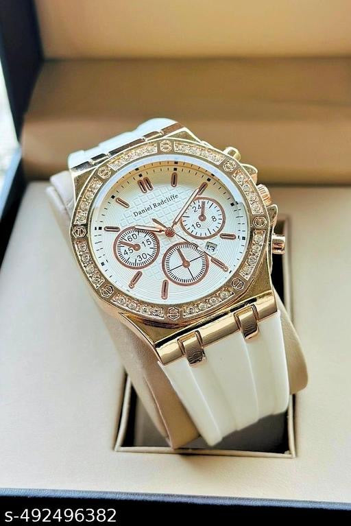 Daniel Radcliffe Luxury Rose Gold Watch - White Silicone Strap & Crystal Studded Bezel