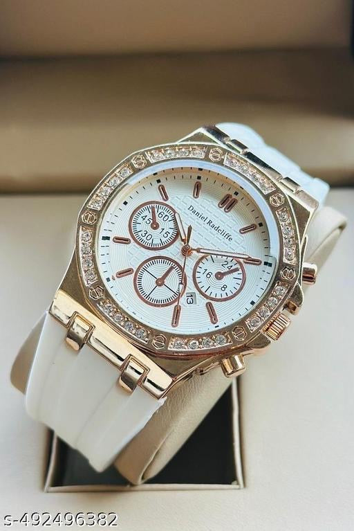 Daniel Radcliffe Luxury Rose Gold Watch - White Silicone Strap & Crystal Studded Bezel