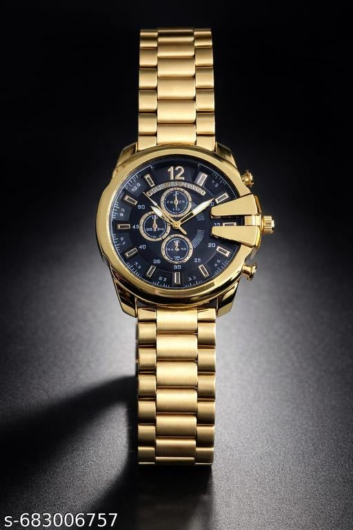 Men's Bold Gold-Tone Stainless Steel Watch with Navy Blue Dial & Oversized Industrial Design