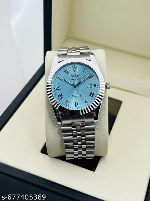 Twixy Men's Quartz Watch – Ice Blue Sunray Dial with Fluted Bezel and Stainless Steel Jubilee Bracelet