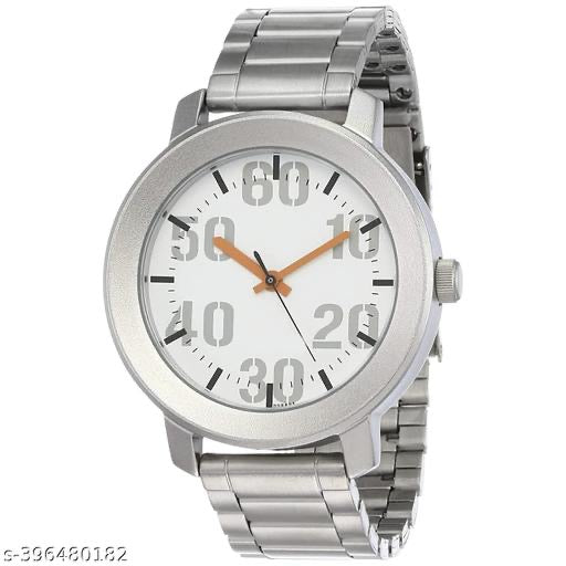Men's Silver-Toned Analog Watch | Sporty White Dial with Bold Stencil Minute Markers & Orange Hands