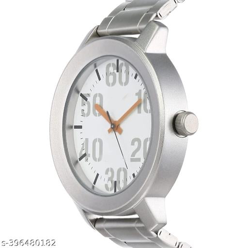 Men's Silver-Toned Analog Watch | Sporty White Dial with Bold Stencil Minute Markers & Orange Hands