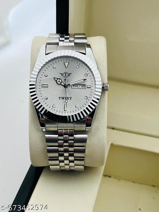 TWIXY Men’s Premium Silver Stainless Steel Analog Watch – Classic Day & Date Display with Fluted Bezel & Jubilee Strap